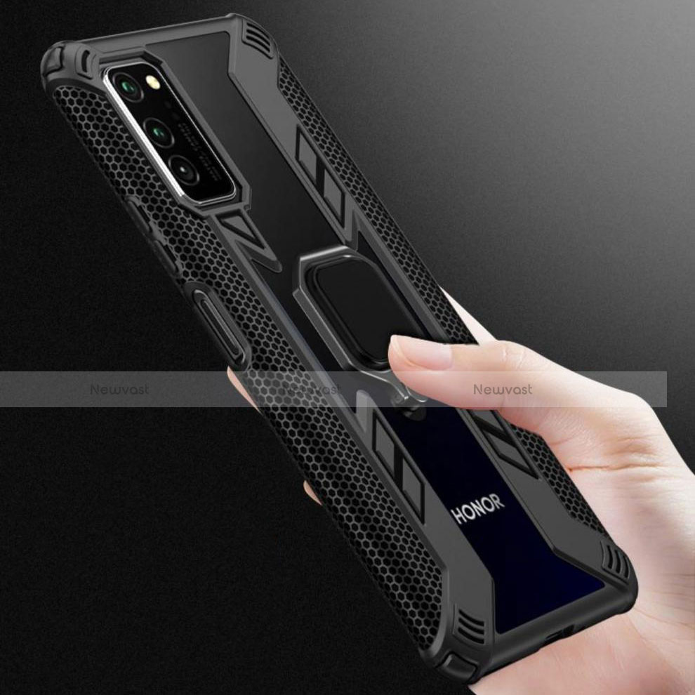 Silicone Matte Finish and Plastic Back Cover Case with Magnetic Finger Ring Stand R02 for Huawei Honor V30 5G