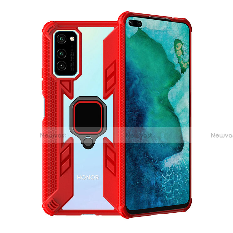 Silicone Matte Finish and Plastic Back Cover Case with Magnetic Finger Ring Stand R02 for Huawei Honor V30 5G Red