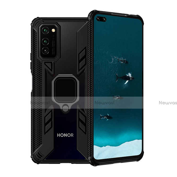 Silicone Matte Finish and Plastic Back Cover Case with Magnetic Finger Ring Stand R02 for Huawei Honor V30 Pro 5G Black