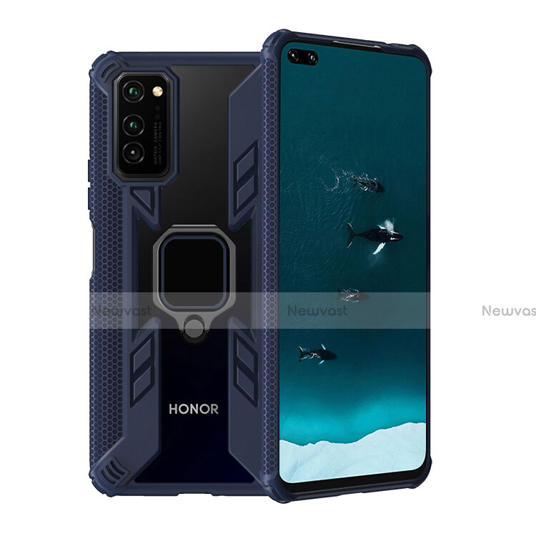 Silicone Matte Finish and Plastic Back Cover Case with Magnetic Finger Ring Stand R02 for Huawei Honor V30 Pro 5G Blue