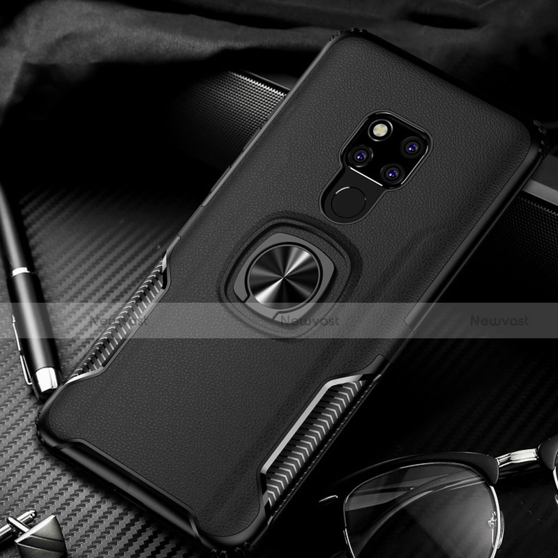 Silicone Matte Finish and Plastic Back Cover Case with Magnetic Finger Ring Stand R02 for Huawei Mate 20 X 5G Black