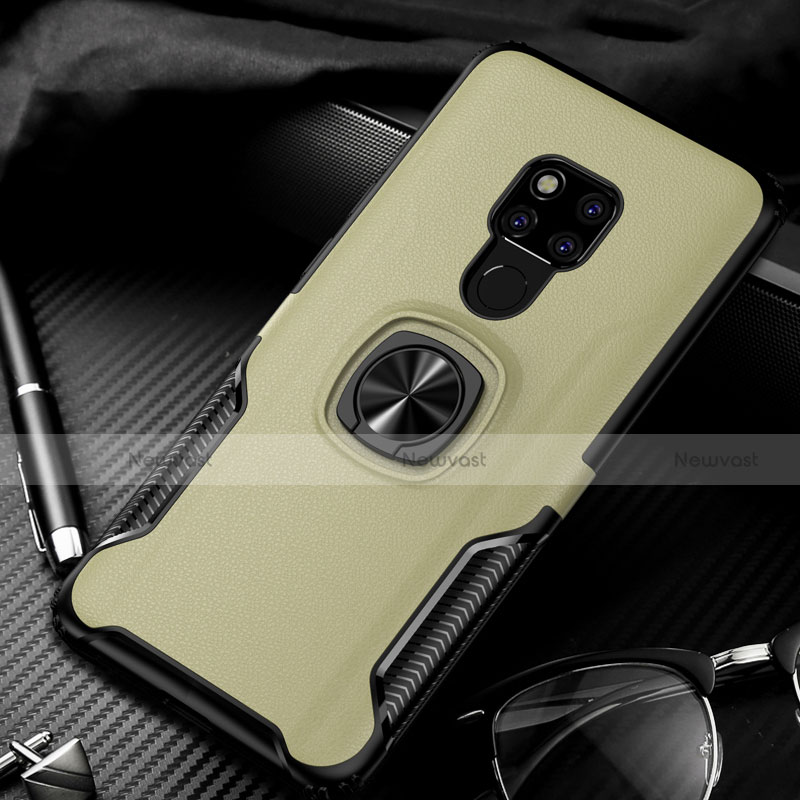 Silicone Matte Finish and Plastic Back Cover Case with Magnetic Finger Ring Stand R02 for Huawei Mate 20 X 5G Gold