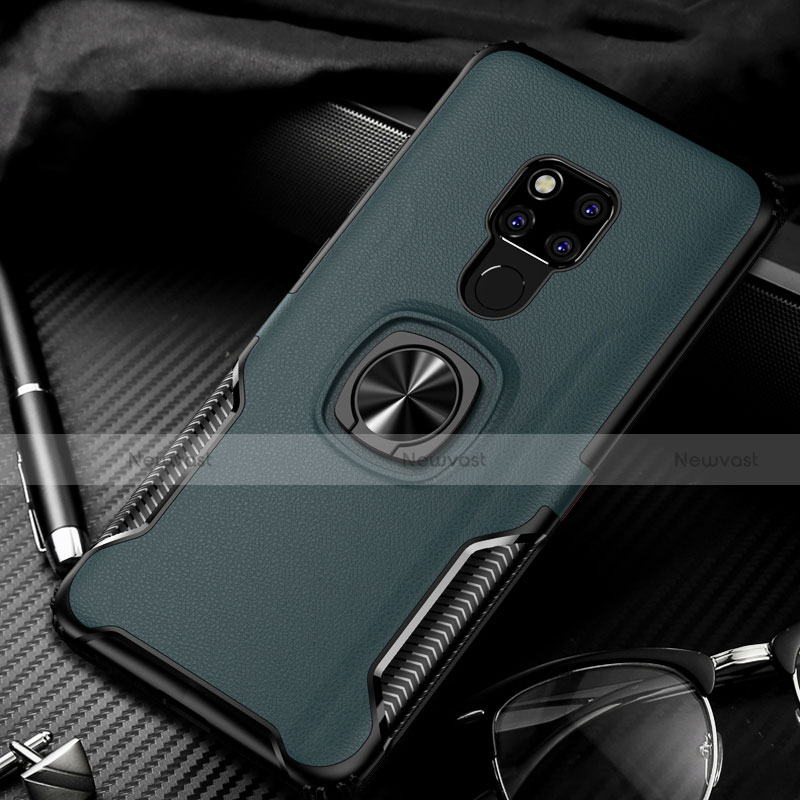 Silicone Matte Finish and Plastic Back Cover Case with Magnetic Finger Ring Stand R02 for Huawei Mate 20 X 5G Green