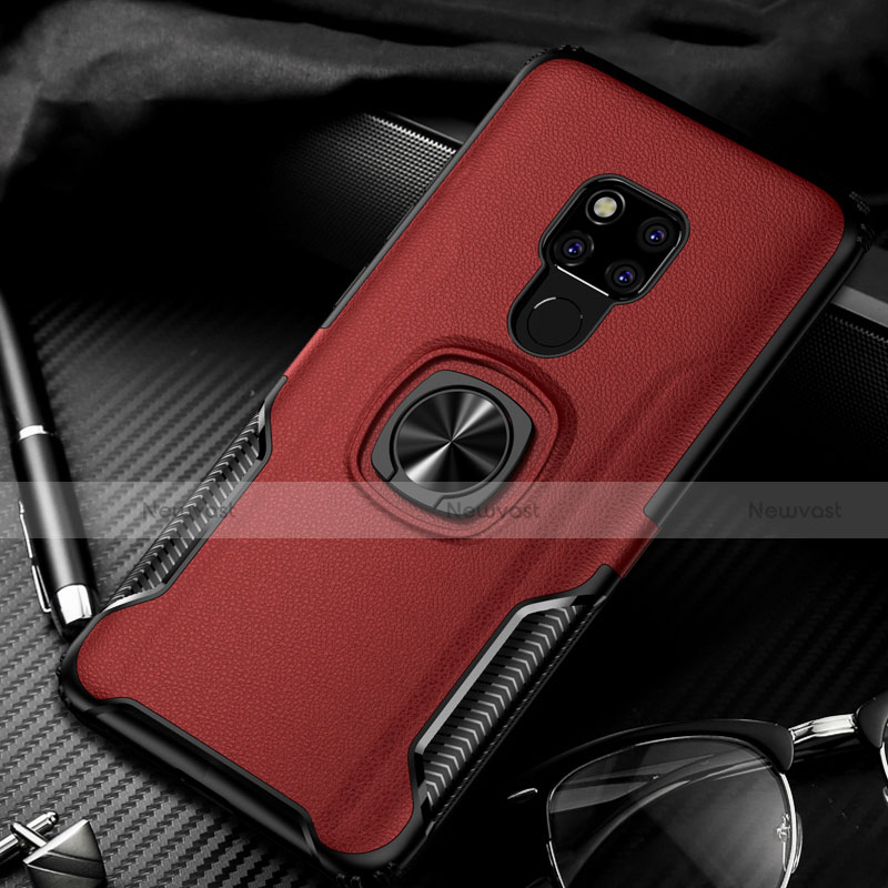 Silicone Matte Finish and Plastic Back Cover Case with Magnetic Finger Ring Stand R02 for Huawei Mate 20 X 5G Red