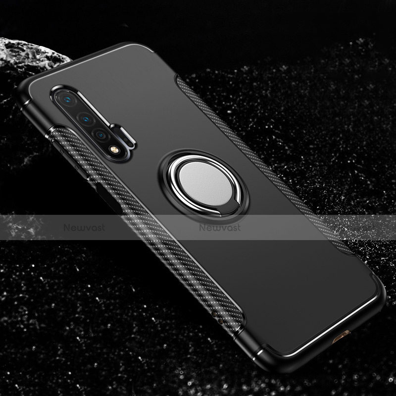 Silicone Matte Finish and Plastic Back Cover Case with Magnetic Finger Ring Stand R02 for Huawei Nova 6 5G Black