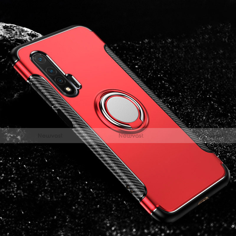 Silicone Matte Finish and Plastic Back Cover Case with Magnetic Finger Ring Stand R02 for Huawei Nova 6 Red