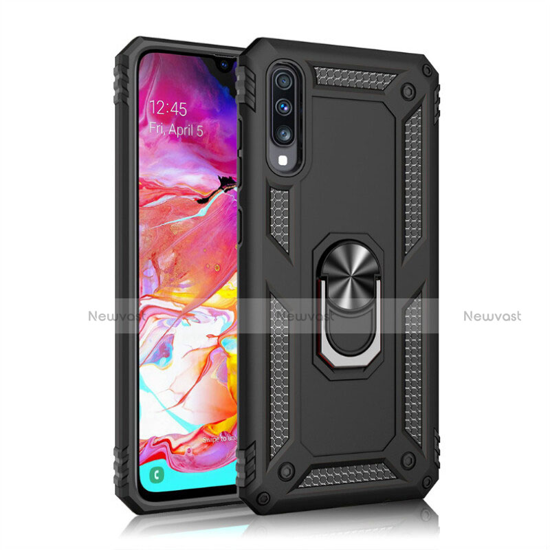 Silicone Matte Finish and Plastic Back Cover Case with Magnetic Finger Ring Stand R02 for Samsung Galaxy A70 Black