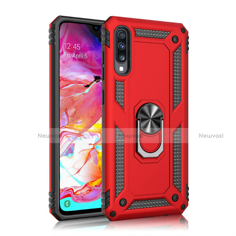 Silicone Matte Finish and Plastic Back Cover Case with Magnetic Finger Ring Stand R02 for Samsung Galaxy A70 Red