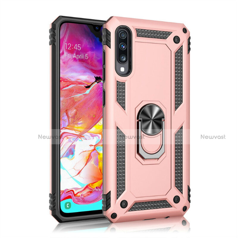 Silicone Matte Finish and Plastic Back Cover Case with Magnetic Finger Ring Stand R02 for Samsung Galaxy A70 Rose Gold