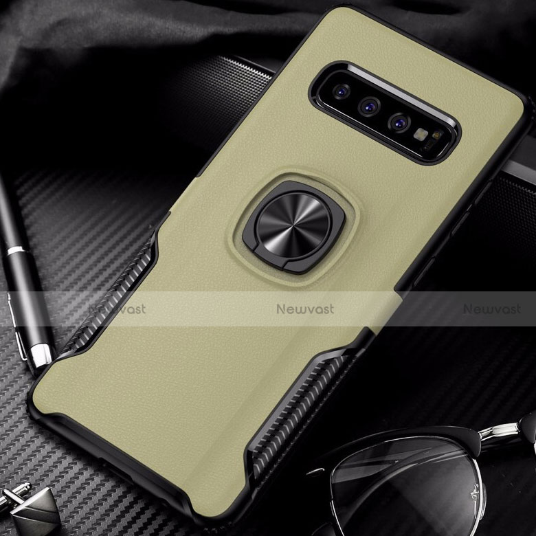 Silicone Matte Finish and Plastic Back Cover Case with Magnetic Finger Ring Stand R02 for Samsung Galaxy S10