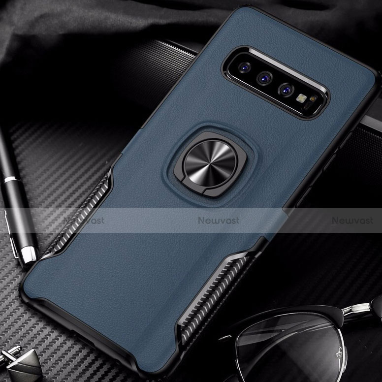 Silicone Matte Finish and Plastic Back Cover Case with Magnetic Finger Ring Stand R02 for Samsung Galaxy S10 5G Blue