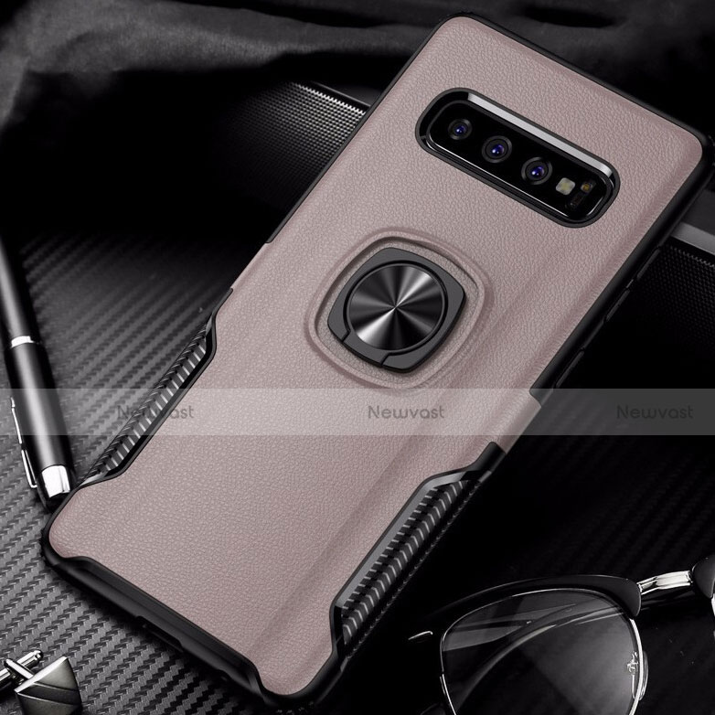 Silicone Matte Finish and Plastic Back Cover Case with Magnetic Finger Ring Stand R02 for Samsung Galaxy S10 Plus