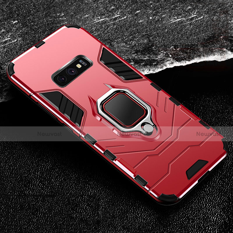 Silicone Matte Finish and Plastic Back Cover Case with Magnetic Finger Ring Stand R02 for Samsung Galaxy S10e Red