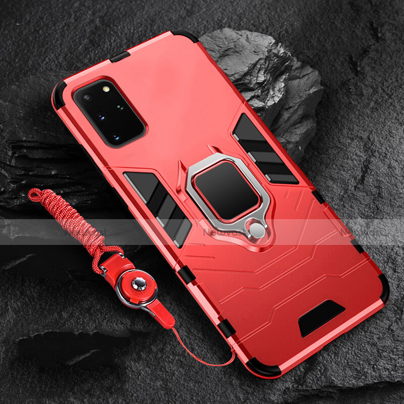 Silicone Matte Finish and Plastic Back Cover Case with Magnetic Finger Ring Stand R02 for Samsung Galaxy S20 Plus Red