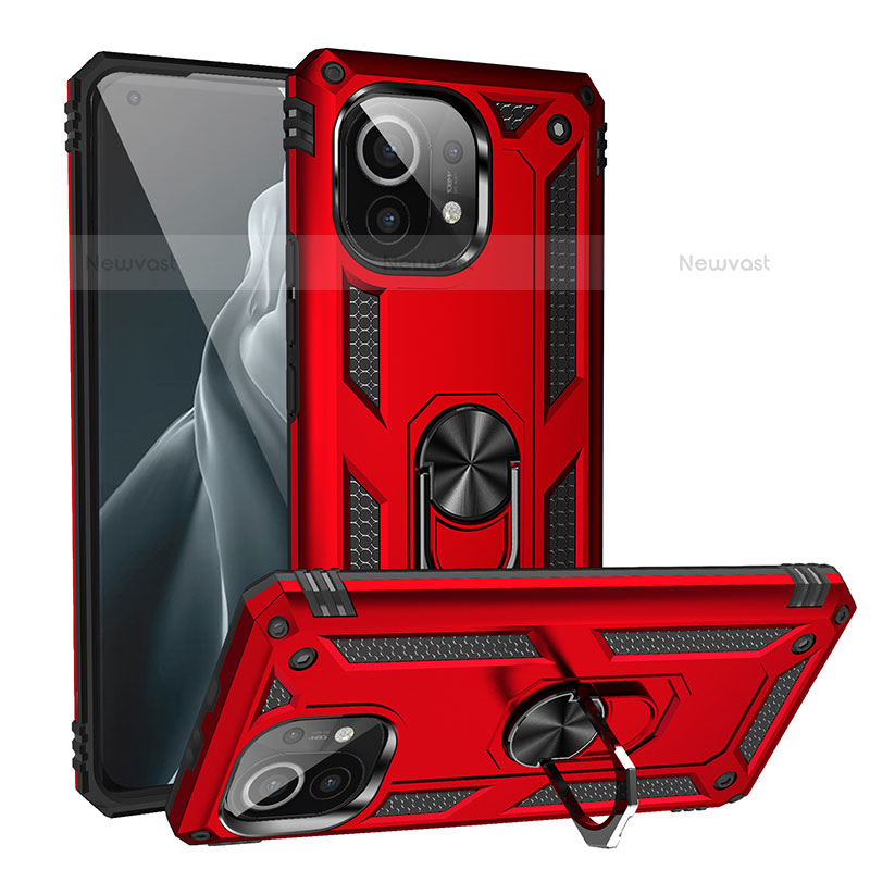 Silicone Matte Finish and Plastic Back Cover Case with Magnetic Finger Ring Stand R02 for Xiaomi Mi 11 Lite 4G Red