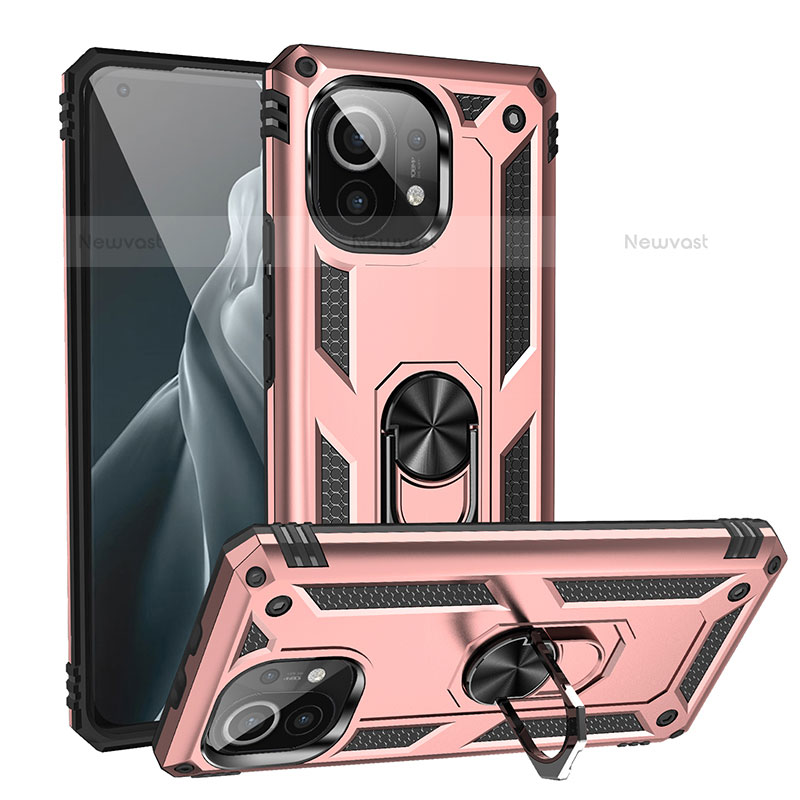 Silicone Matte Finish and Plastic Back Cover Case with Magnetic Finger Ring Stand R02 for Xiaomi Mi 11 Lite 4G Rose Gold