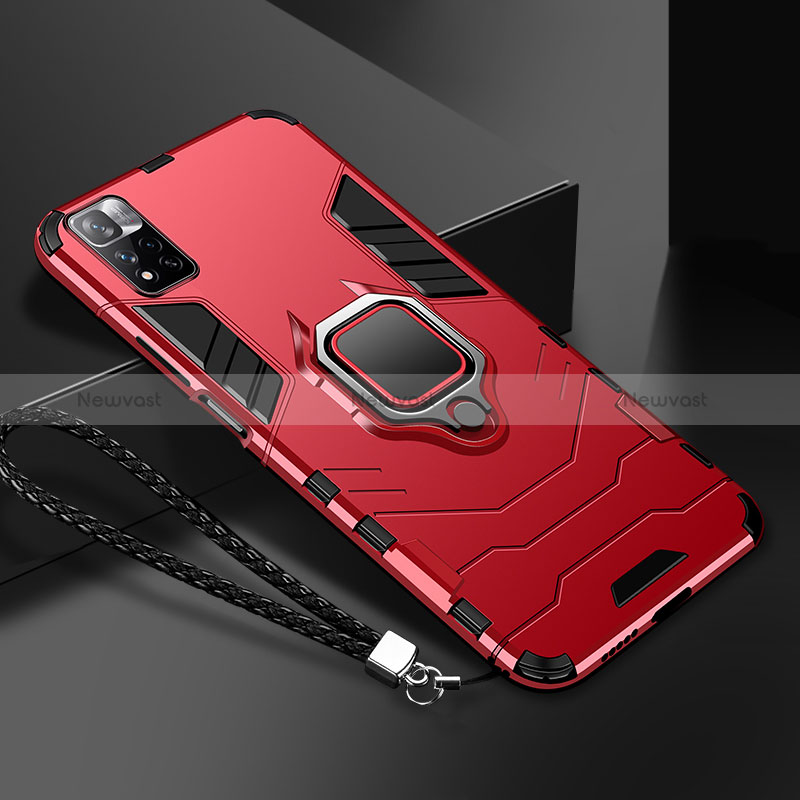 Silicone Matte Finish and Plastic Back Cover Case with Magnetic Finger Ring Stand R02 for Xiaomi Mi 11i 5G (2022)