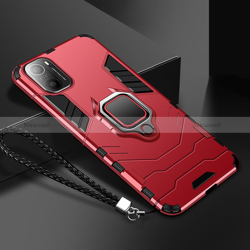 Silicone Matte Finish and Plastic Back Cover Case with Magnetic Finger Ring Stand R02 for Xiaomi Mi 11i 5G