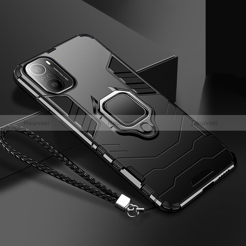 Silicone Matte Finish and Plastic Back Cover Case with Magnetic Finger Ring Stand R02 for Xiaomi Mi 11i 5G Black