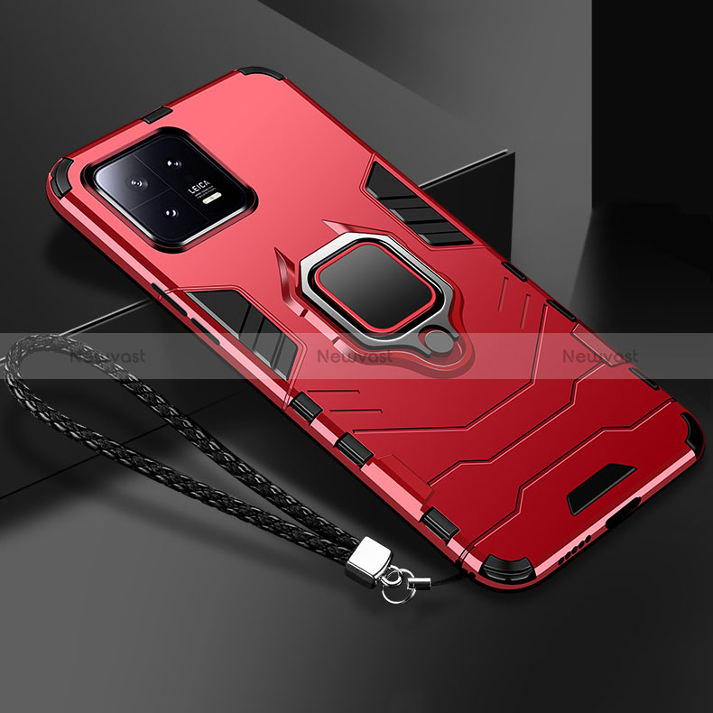 Silicone Matte Finish and Plastic Back Cover Case with Magnetic Finger Ring Stand R02 for Xiaomi Mi 13 Pro 5G