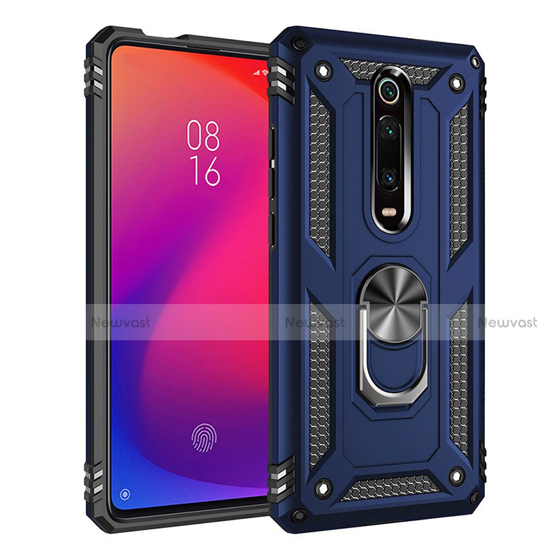 Silicone Matte Finish and Plastic Back Cover Case with Magnetic Finger Ring Stand R02 for Xiaomi Mi 9T Blue