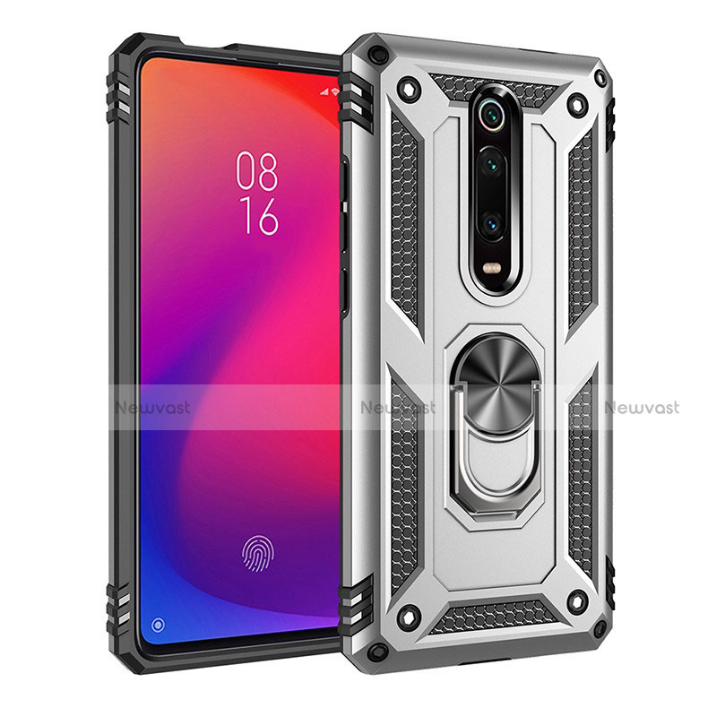 Silicone Matte Finish and Plastic Back Cover Case with Magnetic Finger Ring Stand R02 for Xiaomi Mi 9T Pro Silver