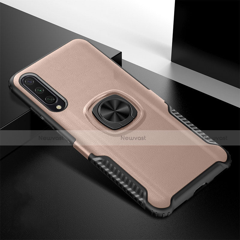 Silicone Matte Finish and Plastic Back Cover Case with Magnetic Finger Ring Stand R02 for Xiaomi Mi A3 Rose Gold
