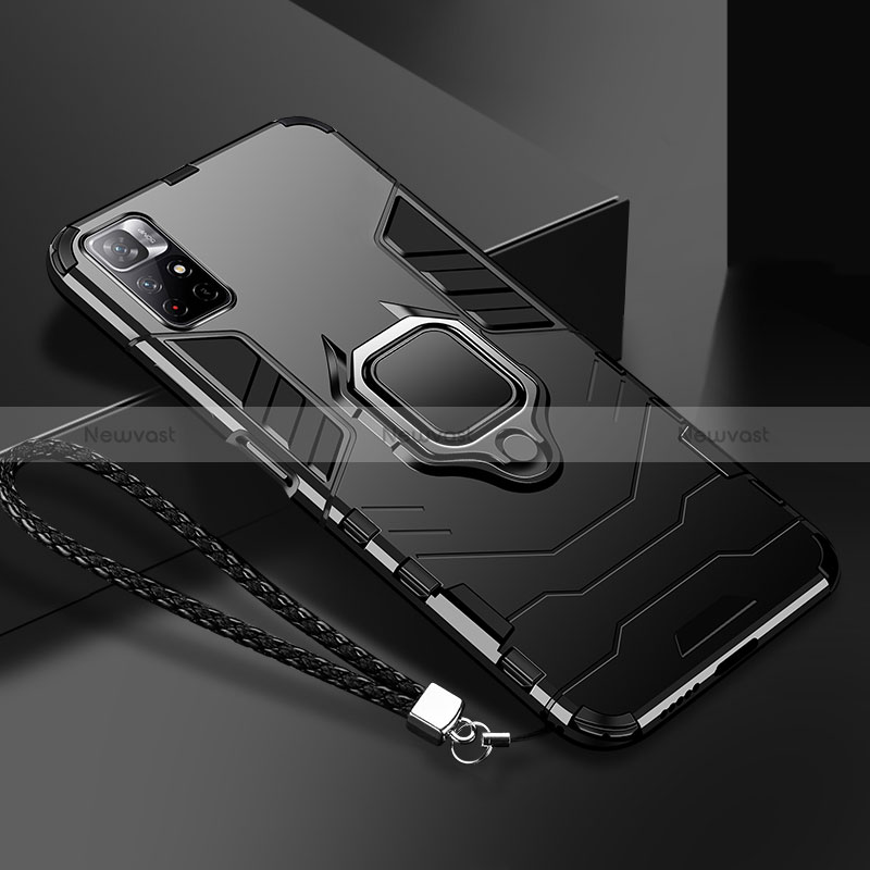 Silicone Matte Finish and Plastic Back Cover Case with Magnetic Finger Ring Stand R02 for Xiaomi Poco M4 Pro 5G Black