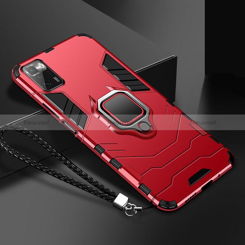 Silicone Matte Finish and Plastic Back Cover Case with Magnetic Finger Ring Stand R02 for Xiaomi Poco X3 GT 5G