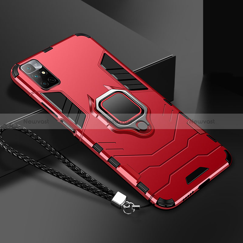 Silicone Matte Finish and Plastic Back Cover Case with Magnetic Finger Ring Stand R02 for Xiaomi Redmi 10 (2022)