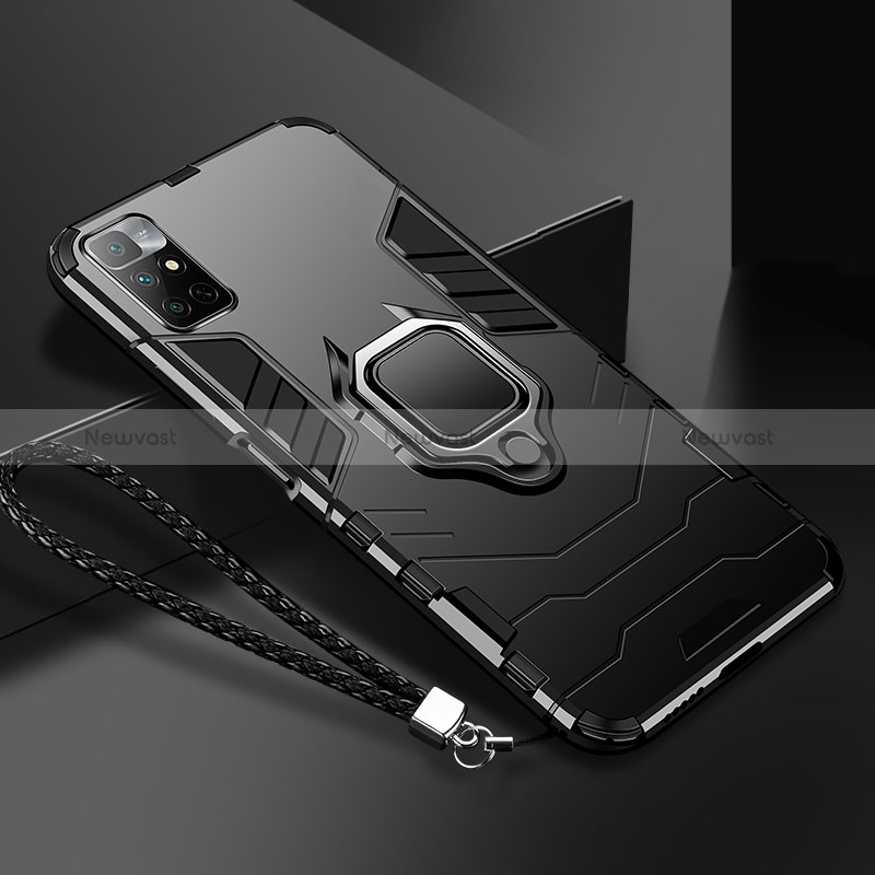 Silicone Matte Finish and Plastic Back Cover Case with Magnetic Finger Ring Stand R02 for Xiaomi Redmi 10 4G Black