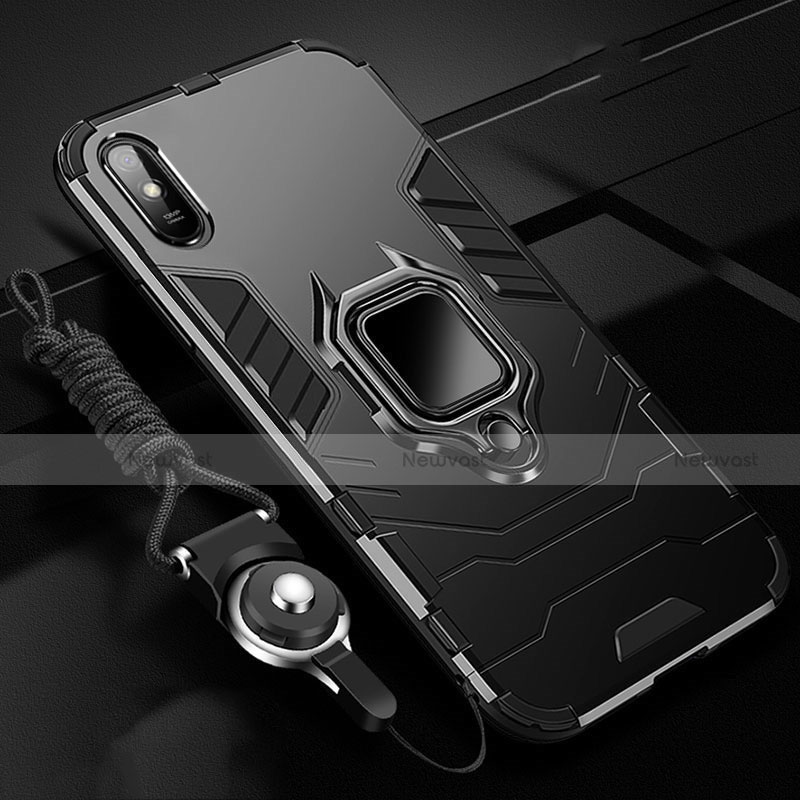 Silicone Matte Finish and Plastic Back Cover Case with Magnetic Finger Ring Stand R02 for Xiaomi Redmi 9AT Black