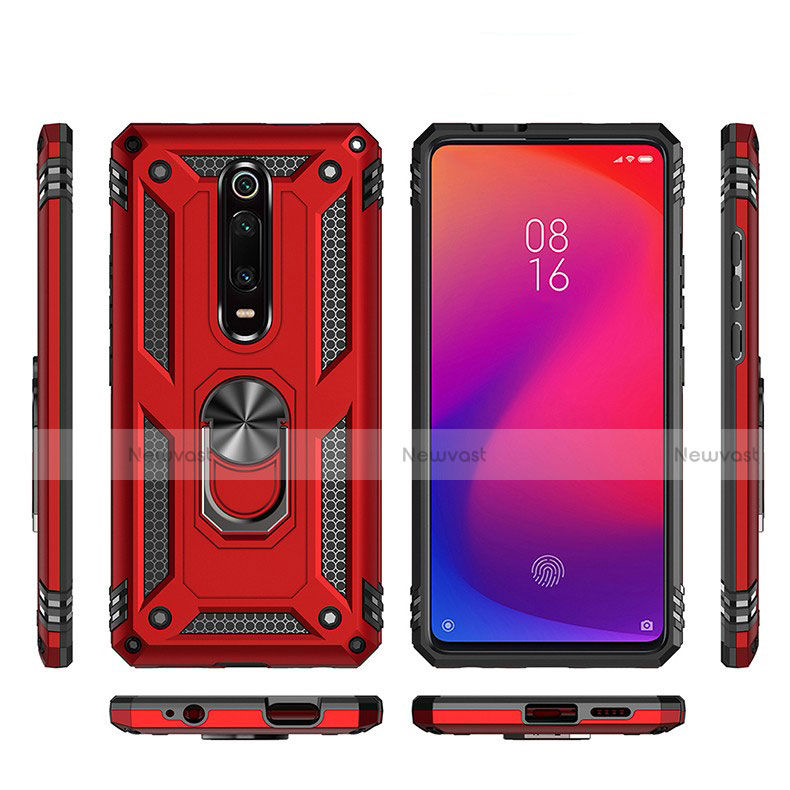 Silicone Matte Finish and Plastic Back Cover Case with Magnetic Finger Ring Stand R02 for Xiaomi Redmi K20 Pro