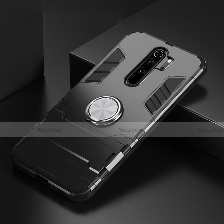 Silicone Matte Finish and Plastic Back Cover Case with Magnetic Finger Ring Stand R02 for Xiaomi Redmi Note 8 Pro Black