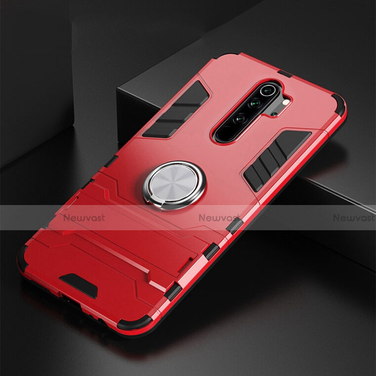 Silicone Matte Finish and Plastic Back Cover Case with Magnetic Finger Ring Stand R02 for Xiaomi Redmi Note 8 Pro Red