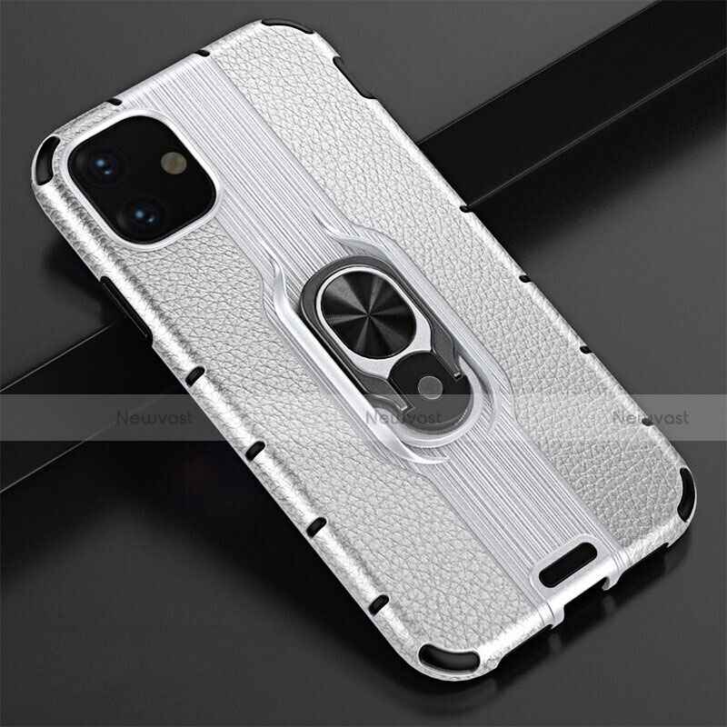 Silicone Matte Finish and Plastic Back Cover Case with Magnetic Finger Ring Stand R03 for Apple iPhone 11 Silver