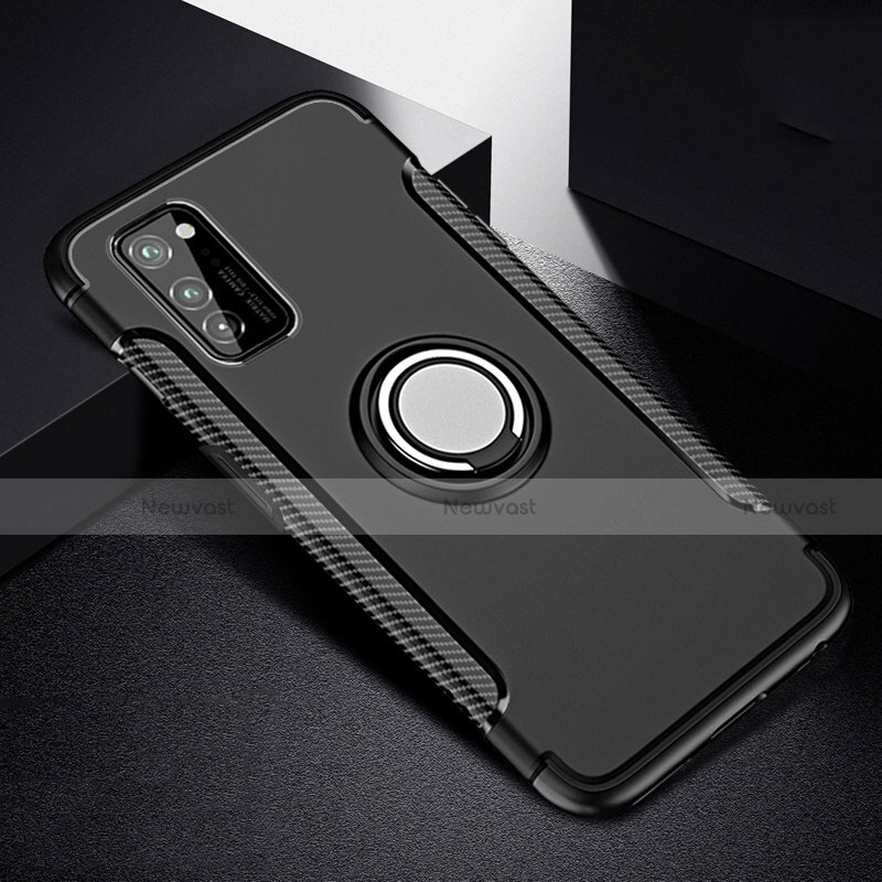 Silicone Matte Finish and Plastic Back Cover Case with Magnetic Finger Ring Stand R03 for Huawei Honor V30 5G Black