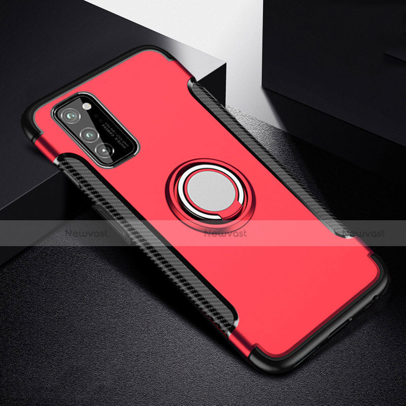 Silicone Matte Finish and Plastic Back Cover Case with Magnetic Finger Ring Stand R03 for Huawei Honor View 30 Pro 5G Red