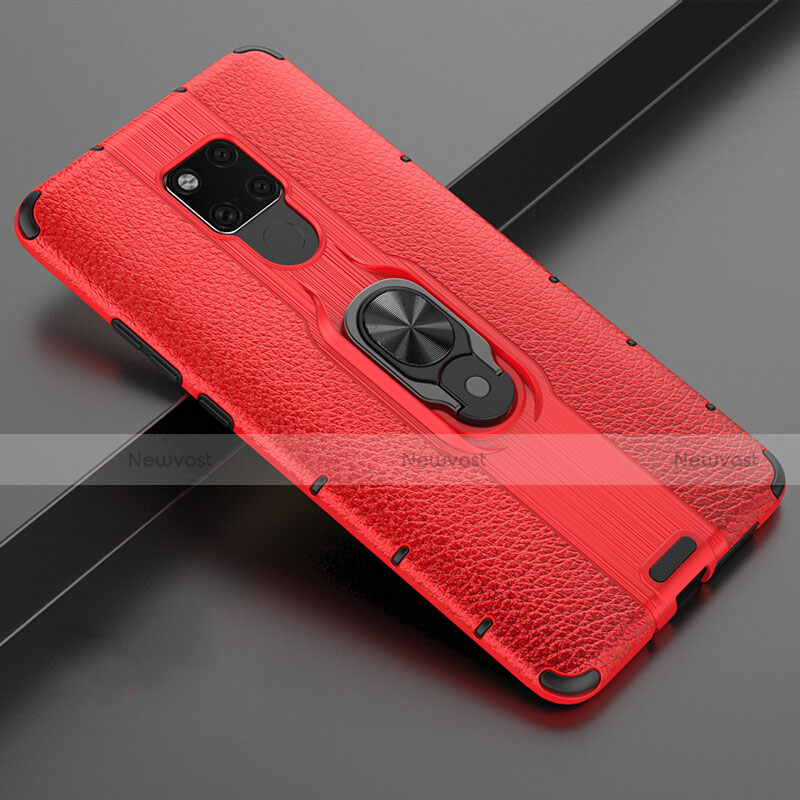 Silicone Matte Finish and Plastic Back Cover Case with Magnetic Finger Ring Stand R03 for Huawei Mate 20 X 5G Red