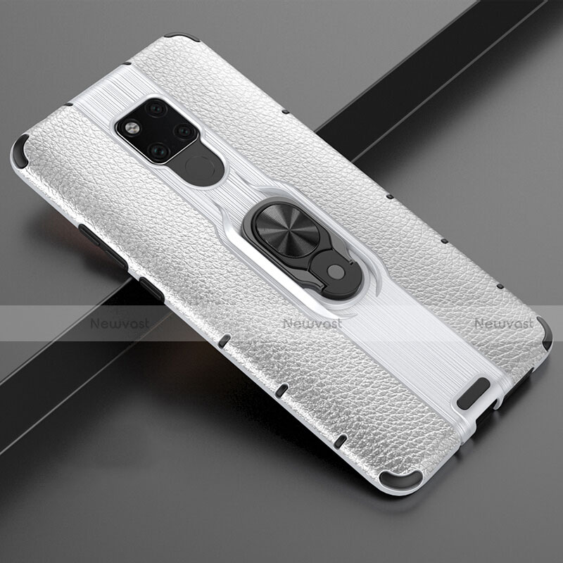 Silicone Matte Finish and Plastic Back Cover Case with Magnetic Finger Ring Stand R03 for Huawei Mate 20 X 5G Silver