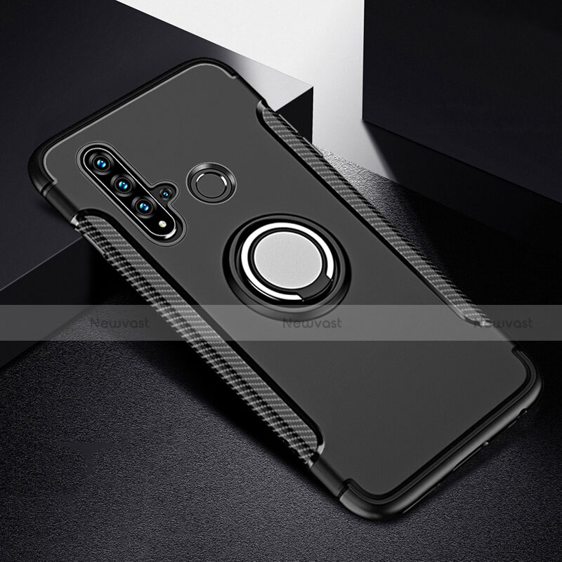 Silicone Matte Finish and Plastic Back Cover Case with Magnetic Finger Ring Stand R03 for Huawei Nova 5i