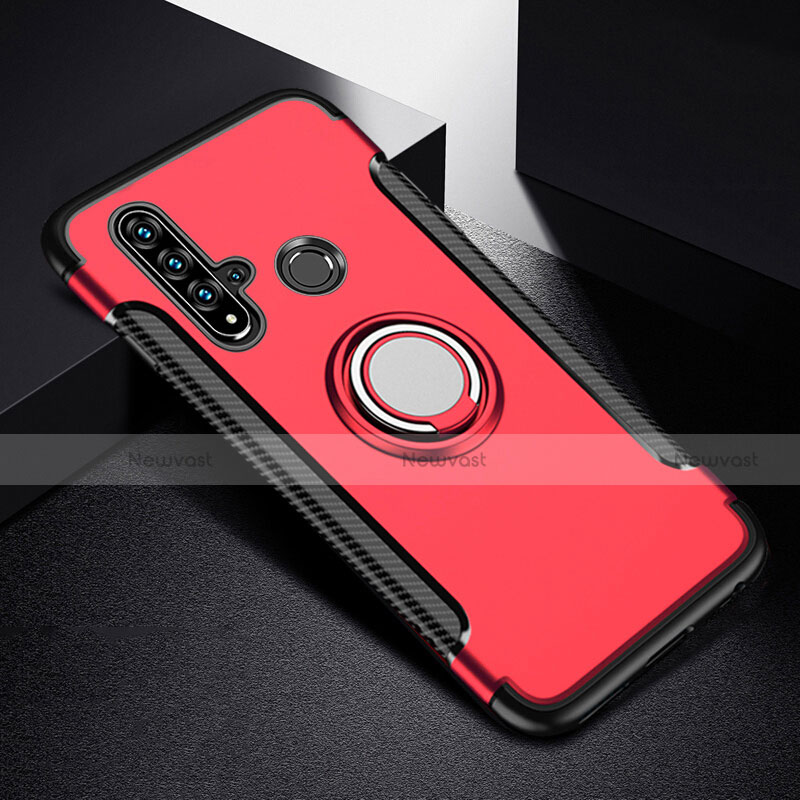 Silicone Matte Finish and Plastic Back Cover Case with Magnetic Finger Ring Stand R03 for Huawei Nova 5i Red