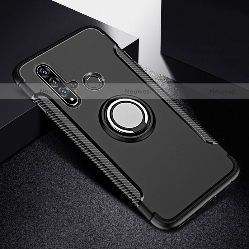 Silicone Matte Finish and Plastic Back Cover Case with Magnetic Finger Ring Stand R03 for Huawei P20 Lite (2019)