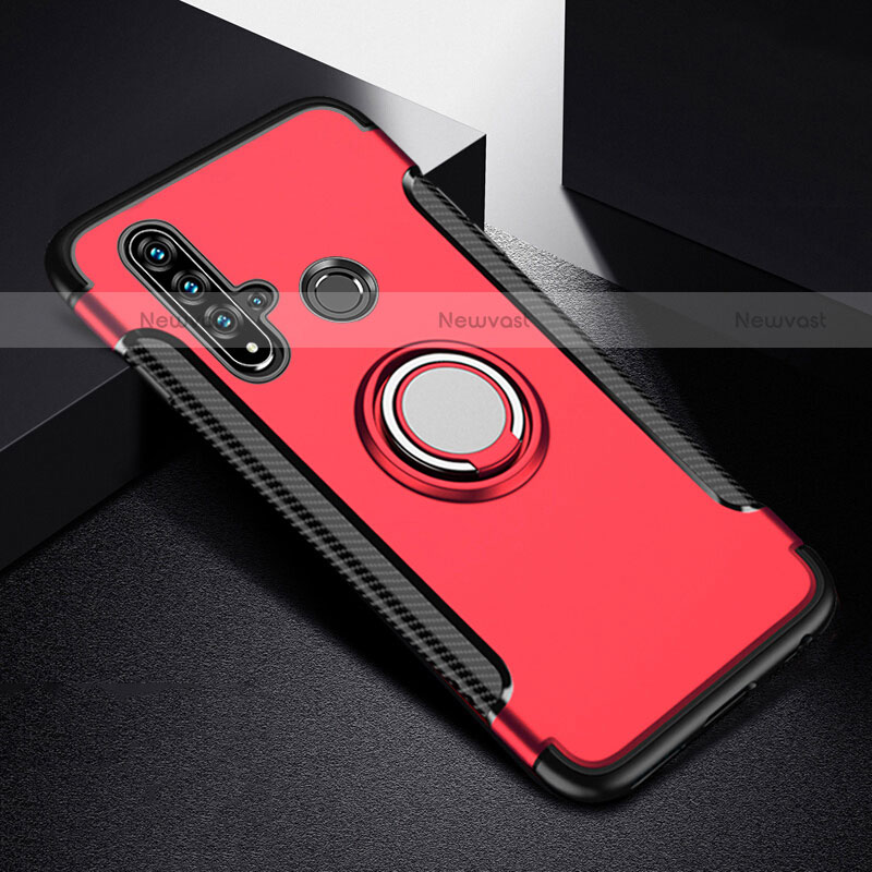 Silicone Matte Finish and Plastic Back Cover Case with Magnetic Finger Ring Stand R03 for Huawei P20 Lite (2019) Red