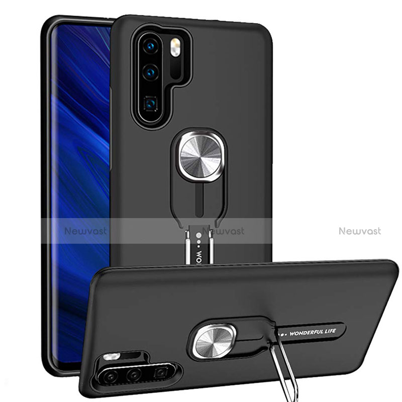 Silicone Matte Finish and Plastic Back Cover Case with Magnetic Finger Ring Stand R03 for Huawei P30 Pro Black