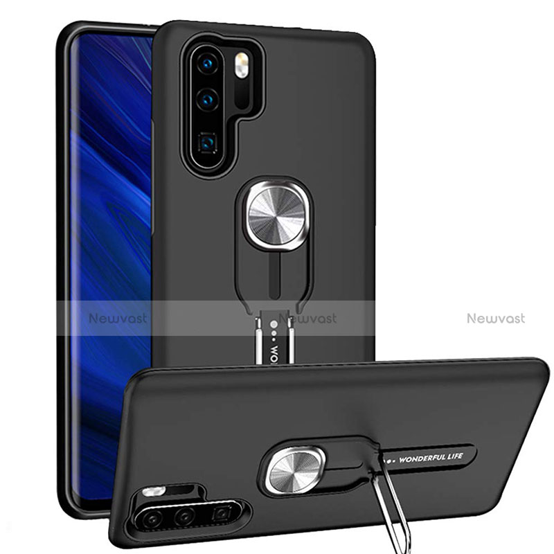 Silicone Matte Finish and Plastic Back Cover Case with Magnetic Finger Ring Stand R03 for Huawei P30 Pro New Edition Black