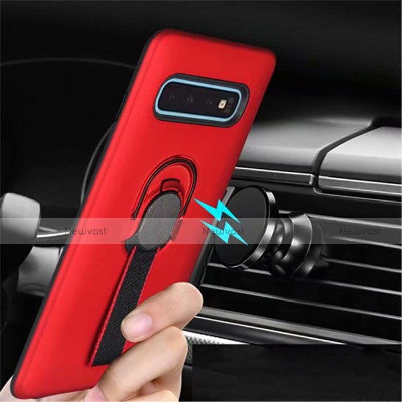 Silicone Matte Finish and Plastic Back Cover Case with Magnetic Finger Ring Stand R03 for Samsung Galaxy S10