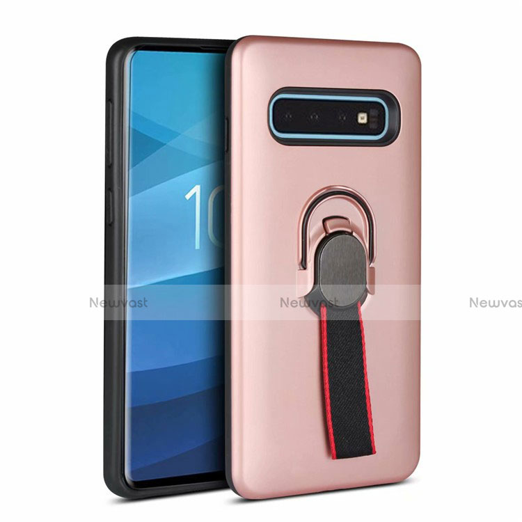 Silicone Matte Finish and Plastic Back Cover Case with Magnetic Finger Ring Stand R03 for Samsung Galaxy S10