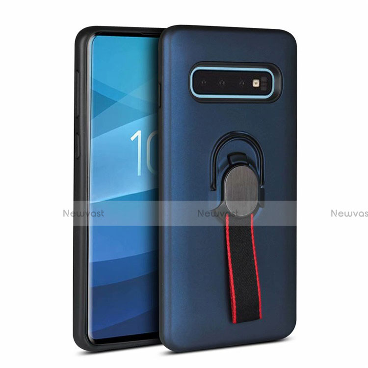 Silicone Matte Finish and Plastic Back Cover Case with Magnetic Finger Ring Stand R03 for Samsung Galaxy S10 5G Blue