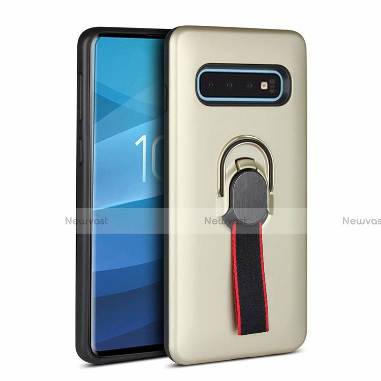 Silicone Matte Finish and Plastic Back Cover Case with Magnetic Finger Ring Stand R03 for Samsung Galaxy S10 5G Gold